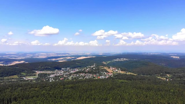 Aerial view and flight at Grosser Feldberg, view to Oberreifenberg,  Hesse, Germany
