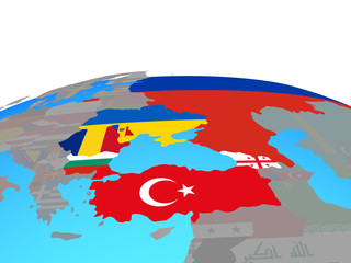 Black Sea Region with national flags on political globe.