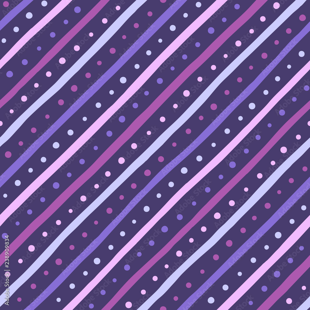 Poster dark violet, lilac, purple doodle style diagonal stripes and dots seamless repeat pattern.uneven til