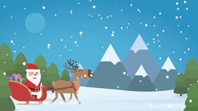 Travers&eacute;e du P&egrave;re No&euml;l en tra&icirc;neau dans un paysage de montagne (flat design)