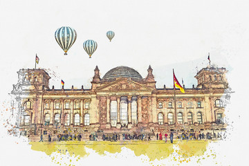 Watercolor sketch or illustration of a beautiful view of the Reichstag building. One of the attractions of Berlin in Germany and a favorite place to visit tourists. Hot air balloons are flying in the