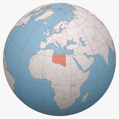 Libya on the globe. Earth hemisphere centered at the location of the State of Libya. Libya map.