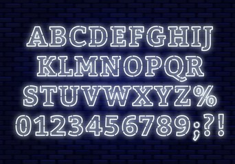 Led white font. Bright capital letters with numbers on a dark background. Vector illustration.