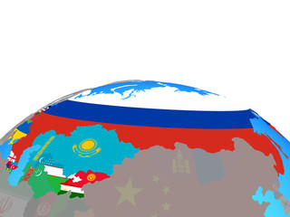 Former Soviet Union with national flags on political globe.