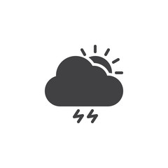 Cloud with lightnings and sun vector icon. filled flat sign for mobile concept and web design. Stormy weather simple solid icon. Symbol, logo illustration. Pixel perfect vector graphics