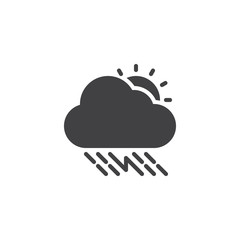 Sunny thunderstorm cloud with rain vector icon. filled flat sign for mobile concept and web design. Rainy cloud with sun and lightning simple solid icon. Symbol, logo illustration