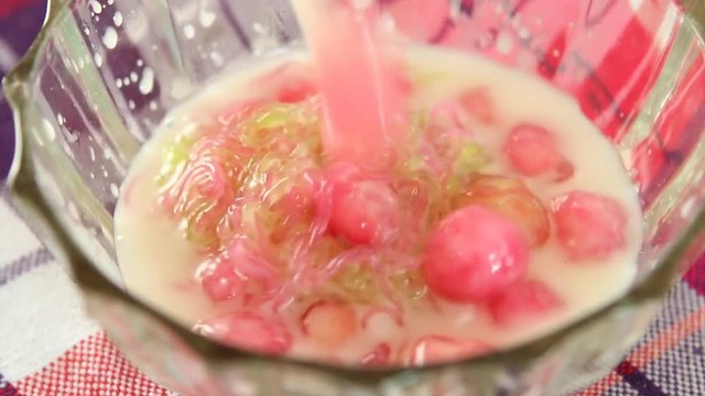 Water chestnuts and Chilled sweet vermicelli in coconut milk or Taptim-Krob and Sarim, Thai famous dessert
