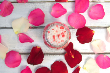 organic cosmetic with rose oil on white background top view.