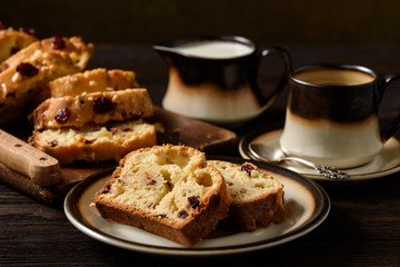 Homemade sweet bread loaf with cranberries and white chocolate.