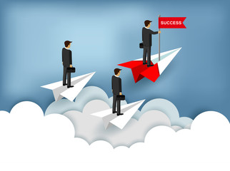 Obraz premium Three businessmen Stand on paper plane a red and white. One People Standing catch the red flag. Floating over the cloud go to achieve business success goals. business finance. leadership. cartoon