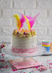 Beautiful composition with Easter layer cake with copy space.