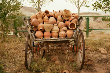 Pottery Jugs In Wooden Cartload, Handmade Ceramic Clay Crockery