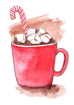 Christmas Cup Of Hot Chocolate Cocoa With Marshmallow And Caramel. Watercolor Hand-drawn