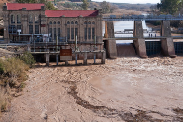 Panoramic view of the dam and hydroelectric plant in Mengibar, province of Jaen, Spain