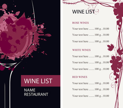Vector wine list for restaurant or cafe with a glass of wine with abstract spots and splashes of red wine, with a grapevine and a price list