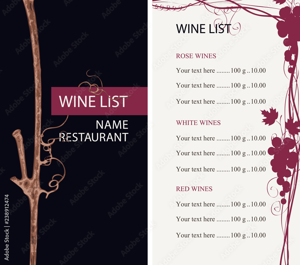 Poster vector wine list for restaurant or cafe with a branch of grapes, a grape vine and a price list in re