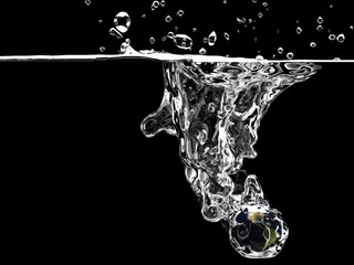 Earth  falls deeply under water with a big splash. isolated on black background , 3D rendering