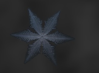 Snowflake on black background. This illustration based on macro photo of real snow crystal, 3d illustration