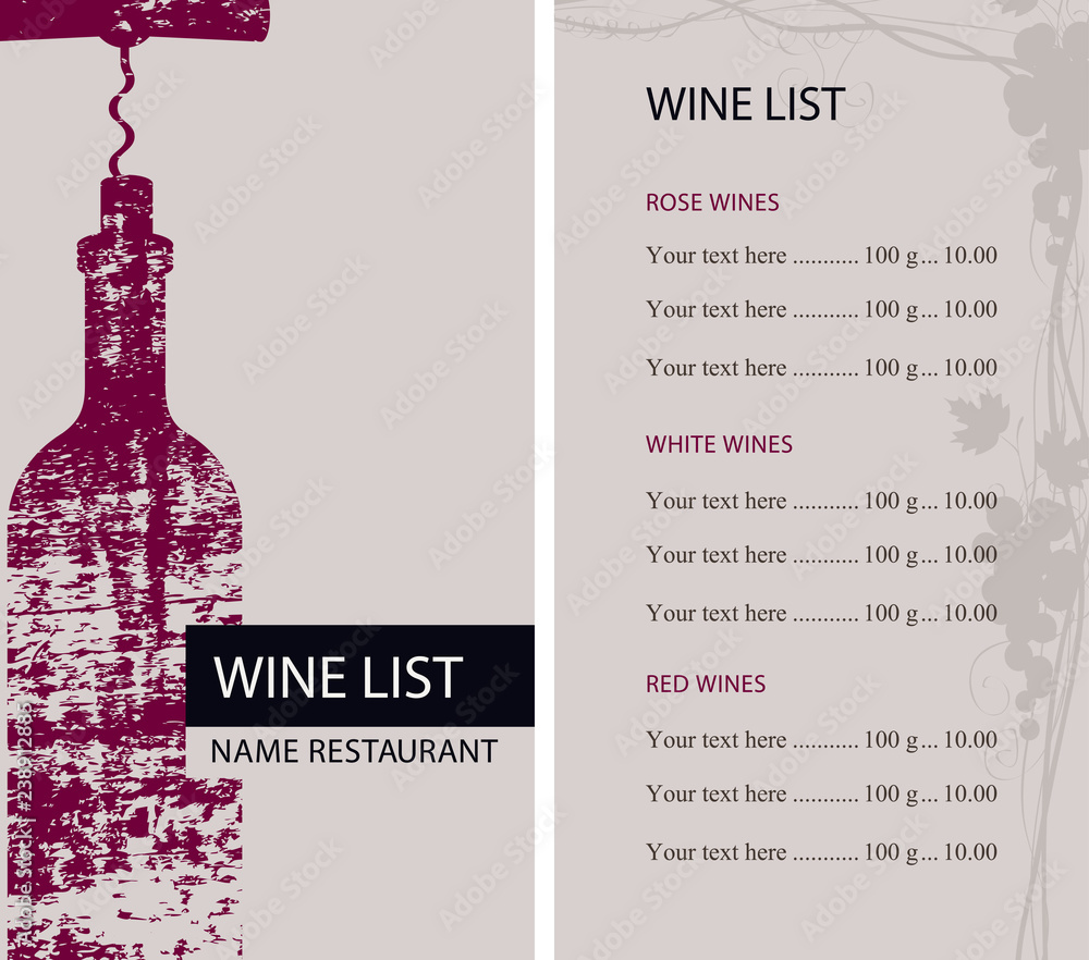Poster vector wine list for restaurant with price list patterned by bottle with corkscrew with wooden board