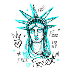 New York, t shirt design, poster, print, statue of liberty lettering, map, tee shirt graphics, trendy, dry brush stroke, marker, color pen, ink, watercolor. Hand drawn vector illustration. © Iraida Bearlala