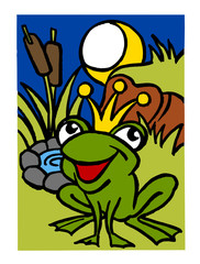frog prince with a crown sitting by the spring at night and shining moon
