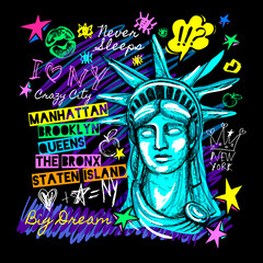 New York, t shirt design, poster, print, statue of liberty lettering, map, tee shirt graphics, trendy, dry brush stroke, marker, color pen, ink, watercolor. Hand drawn vector illustration.