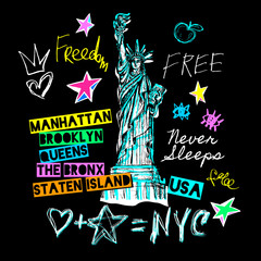 New York, t shirt design, poster, print, statue of liberty lettering, map, tee shirt graphics, trendy, dry brush stroke, marker, color pen, ink, watercolor. Hand drawn vector illustration. - obrazy, fototapety, plakaty