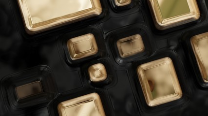 Raster golden texture, gold level lines pattern, curved square rounded metal plates background with reflection. Abstract dynamic surface. 3d illustration