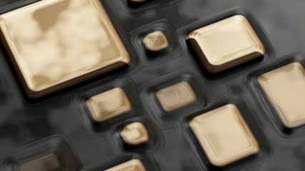 Raster golden texture, gold level lines pattern, curved square rounded metal plates background with reflection. Abstract dynamic surface. 3d illustration