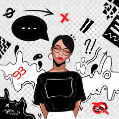 Girl with red lips deep in thought, modern grunge background. Vector illustration
