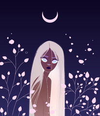 Beautiful moon girl with pearl hair, magic character. Vector. Isolated on gradient background.