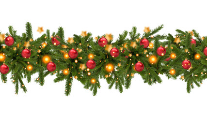 Christmas tree garland on a white snow background. Christmas balls on the garland. Winter Christmas...