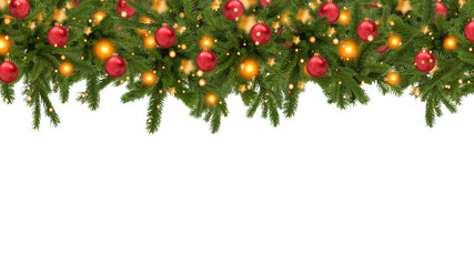Christmas tree garland on a white snow background. Christmas balls on the garland. Winter Christmas background.