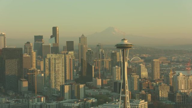 Aerial View Seattle City Washington at Sunset