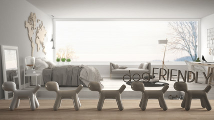 Wooden table top or shelf with line of stylized dogs, dog friendly concept, love for animals, animal dog proof home, bedroom, panoramic window, corner office, cool interior design