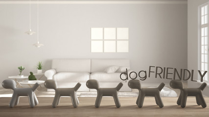Wooden table top or shelf with line of stylized dogs, dog friendly concept, love for animals, animal dog proof home, modern white living room with sofa, cool interior design