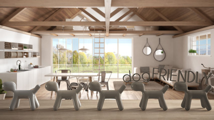 Wooden table top or shelf with line of stylized dogs, dog friendly concept, love for animals, animal dog proof home, wooden loft with trusses, kitchen, living room, cool interior design