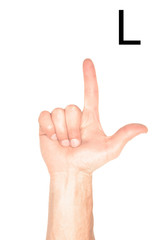 cropped view of male hand showing latin letter - L, deaf and dumb language, isolated on white
