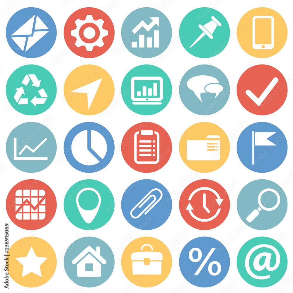 Poster business simple icons set on color circles background for graphic and web design, modern simple vect