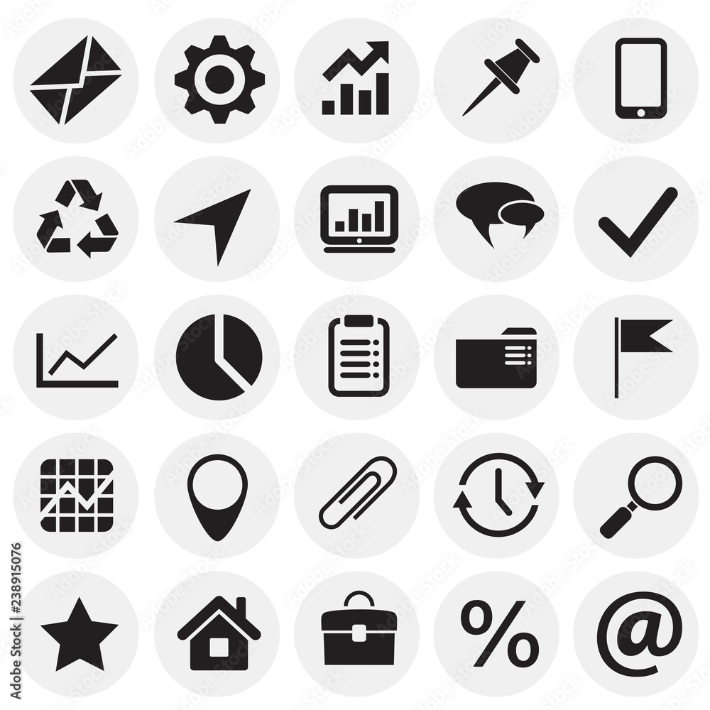 Poster business simple icons set on circles background for graphic and web design, modern simple vector sig