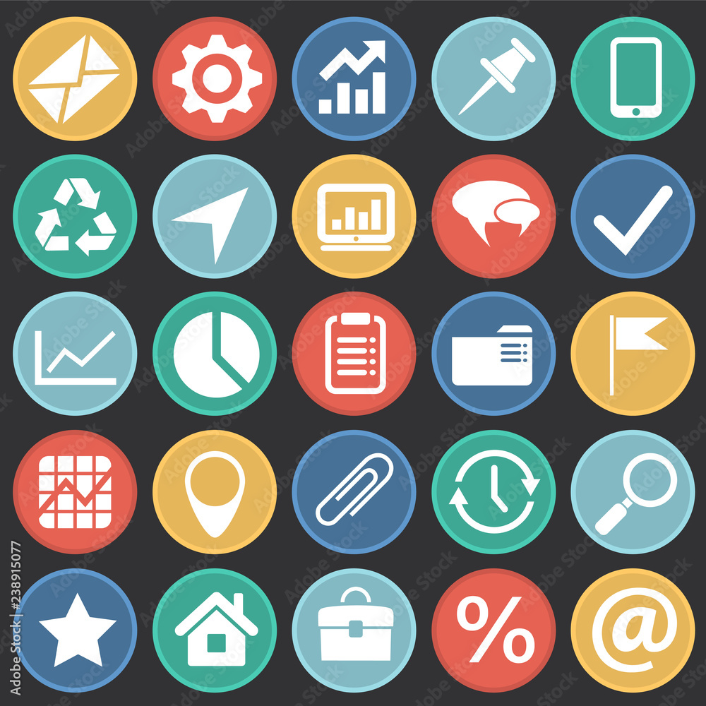 Poster business simple icons set on color circles black background for graphic and web design, modern simpl