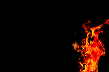 Fire flames on Abstract black background, Burning red hot sparks rise from large fire in, Fiery orange glowing