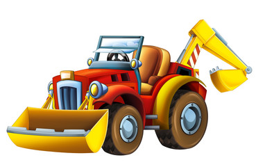 Obraz na płótnie Canvas Cartoon farm tractor excavator - on white background - illustration for the children