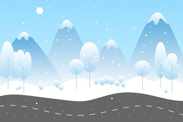 Winter landscape with road. Mountains and trees under the snow. Fantasy winter background template in flat style