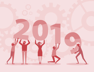 Happy new year 2019 text hold by team in flat style design illustration. new year 2019 illustration on red background. Creative concept. Vector illustration. Teamwork graphic design.