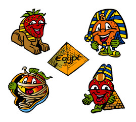 fruit mascot strawberry orange peach pharaoh sphinx mummy nefertiti pyramid ancient egypt clipart - obrazy, fototapety, plakaty