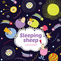 Lovely sleepy sheep. Cute vector set. Postcard.