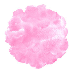 Fototapeta premium Rose pink watercolor stains painted texture. Valentines, 8 March, Women day round watercolour background for text, cards, banners. Rounded, uneven circle shape, brush stroke. Hand drawn aquarelle fill