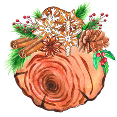 watercolor wood slices with Christmas decor.