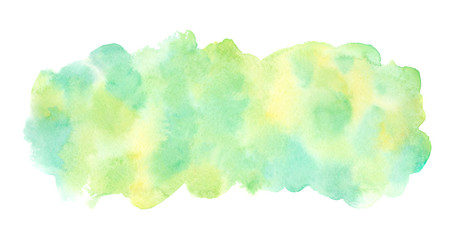 Spring, summer, eco, nature, Easter watercolor background with yellow, grass green, emerald stains. Long, elongated, rounded rectangle shape. Light colors. Hand drawn abstract  blotchy aquarelle fill. - obrazy, fototapety, plakaty